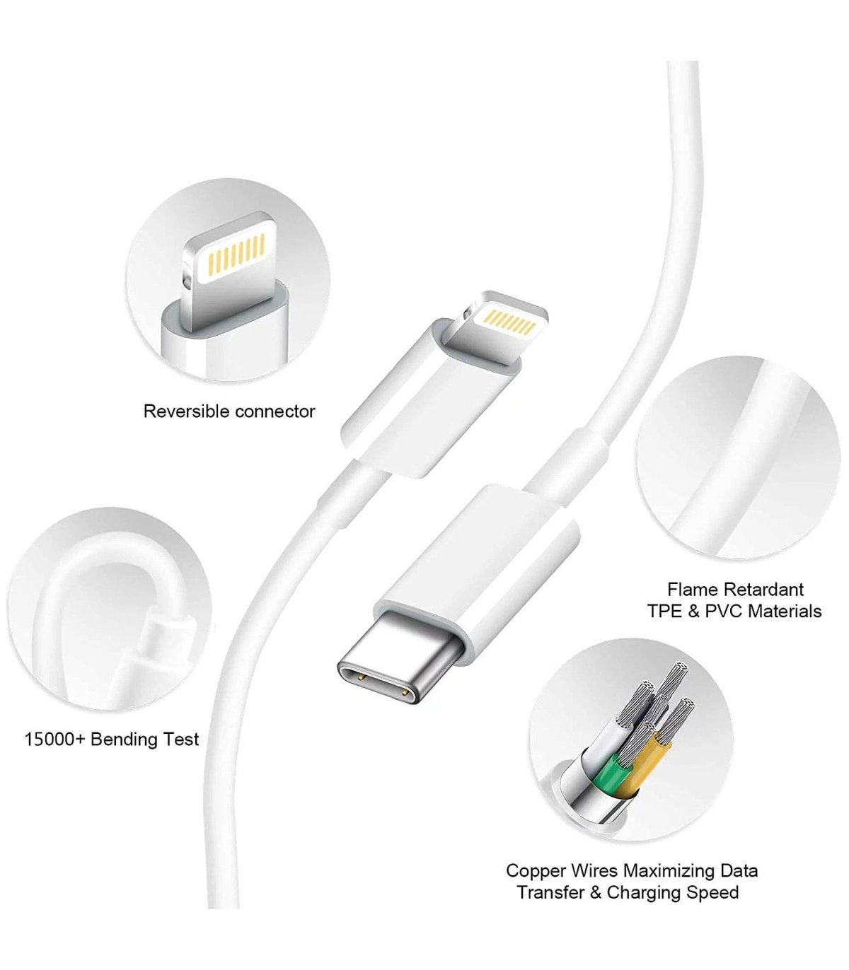 USB-C to Apple Lightning cables (USB-PD) / Color White - 100 cm