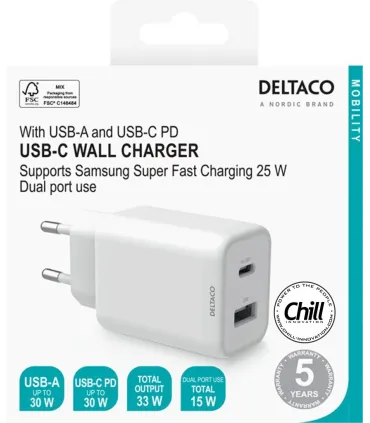 Deltaco 2-port 33W USB Charger with USB-A + USB-C PD ports, PPS, CE/EU