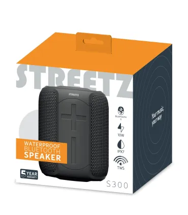 Streetz Bluetooth 5 Stereo Speaker, IPX7 Waterproof, TWS, Black