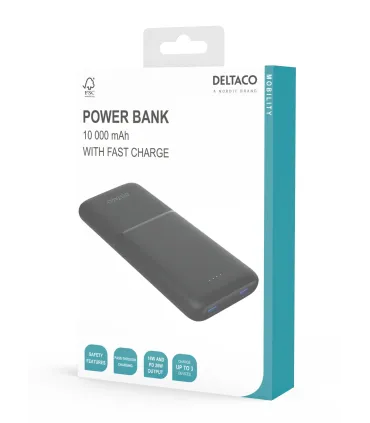 Deltaco 10000mAh USB-C PD PowerBank (20W), Black, CE | Nordic Design